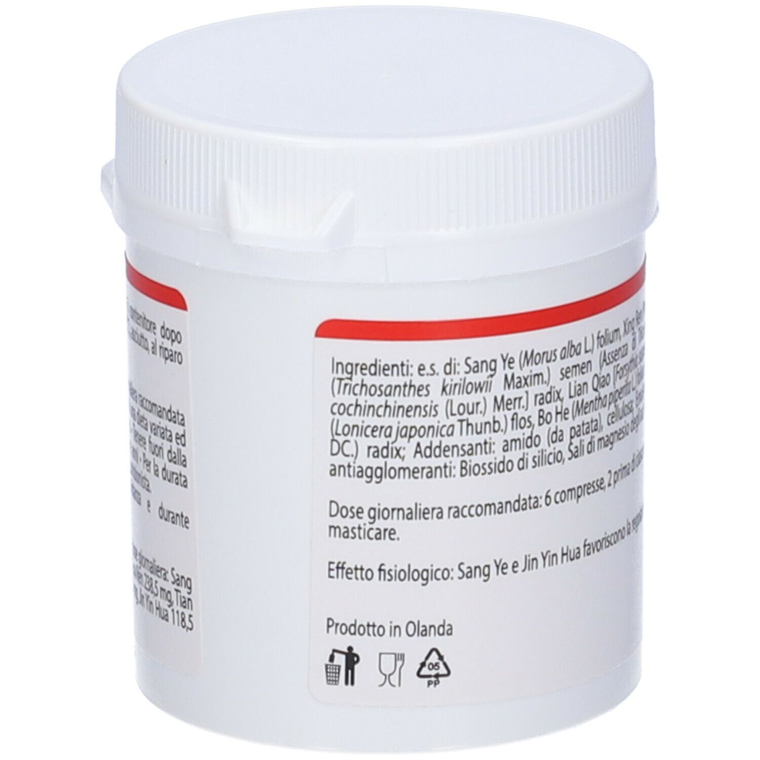 Flacone bianco con etichetta rossa. Scritta: ingredienti e dosaggio. Marchio: Qiu Tian.