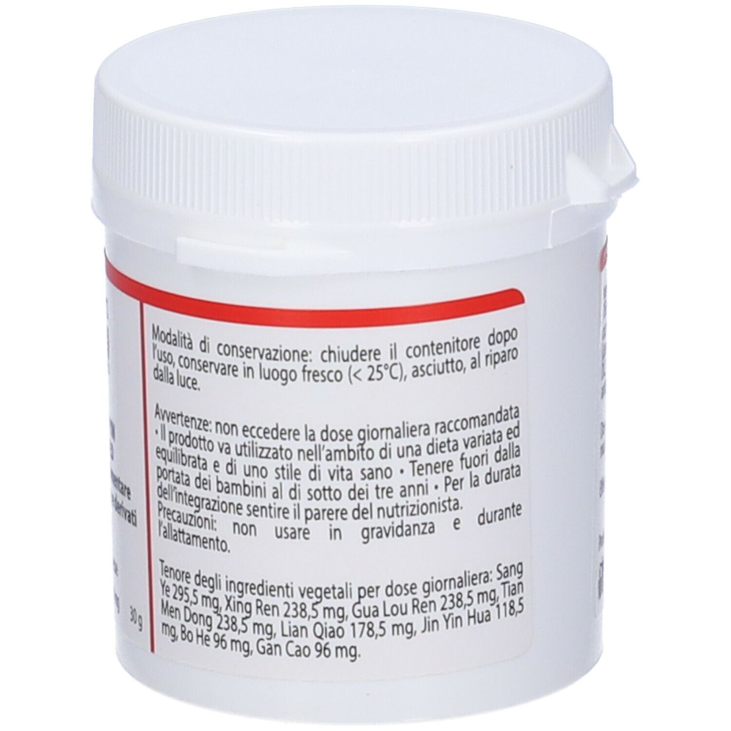 Flacone bianco con etichetta rossa. Scritta: ingredienti e dosaggio. Marchio: Qiu Tian.