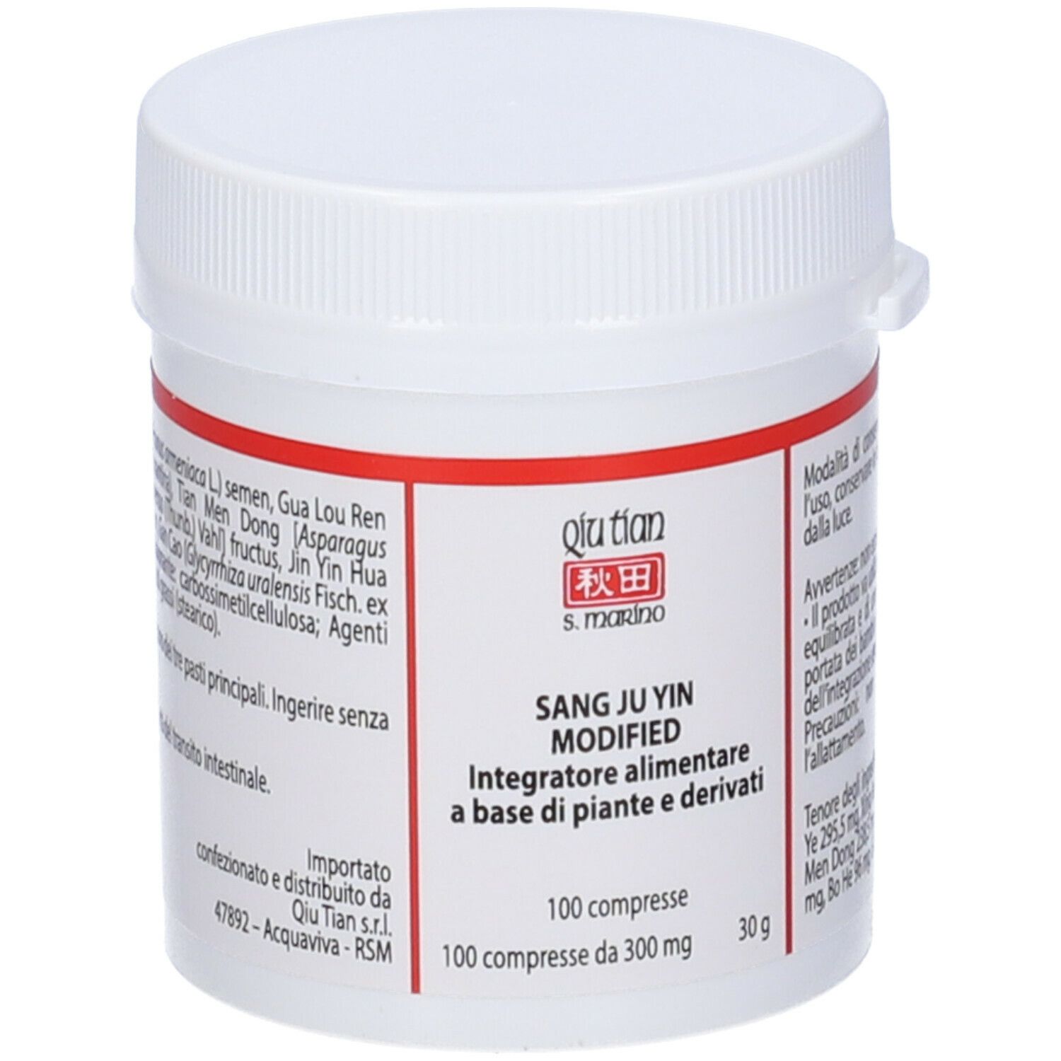 Flacone bianco con etichetta rossa. Scritta: "Sang Ju Yin Modified". Marchio: Qiu Tian.