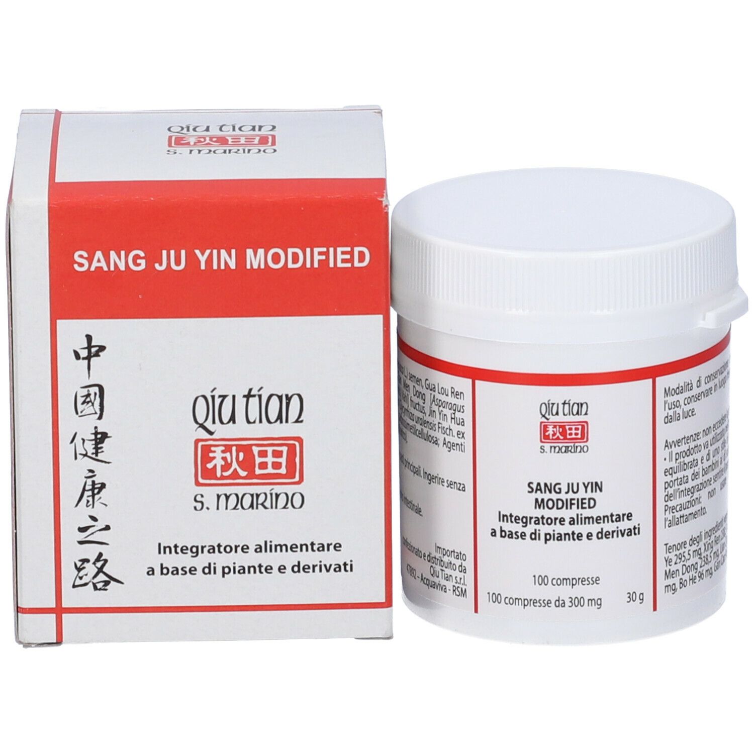Scatola e flacone. Sulla scatola "Sang Ju Yin Modified". Marchio: Qiu Tian.