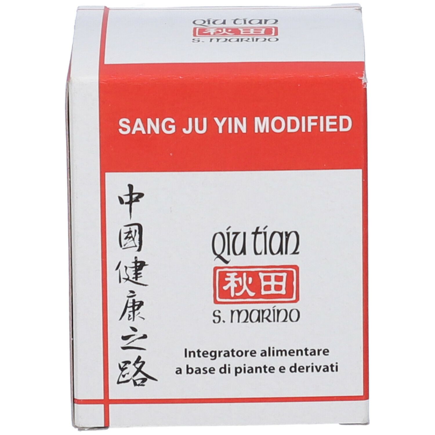 Scatola rossa e bianca. Scritta: "Sang Ju Yin Modified". Marchio: Qiu Tian.