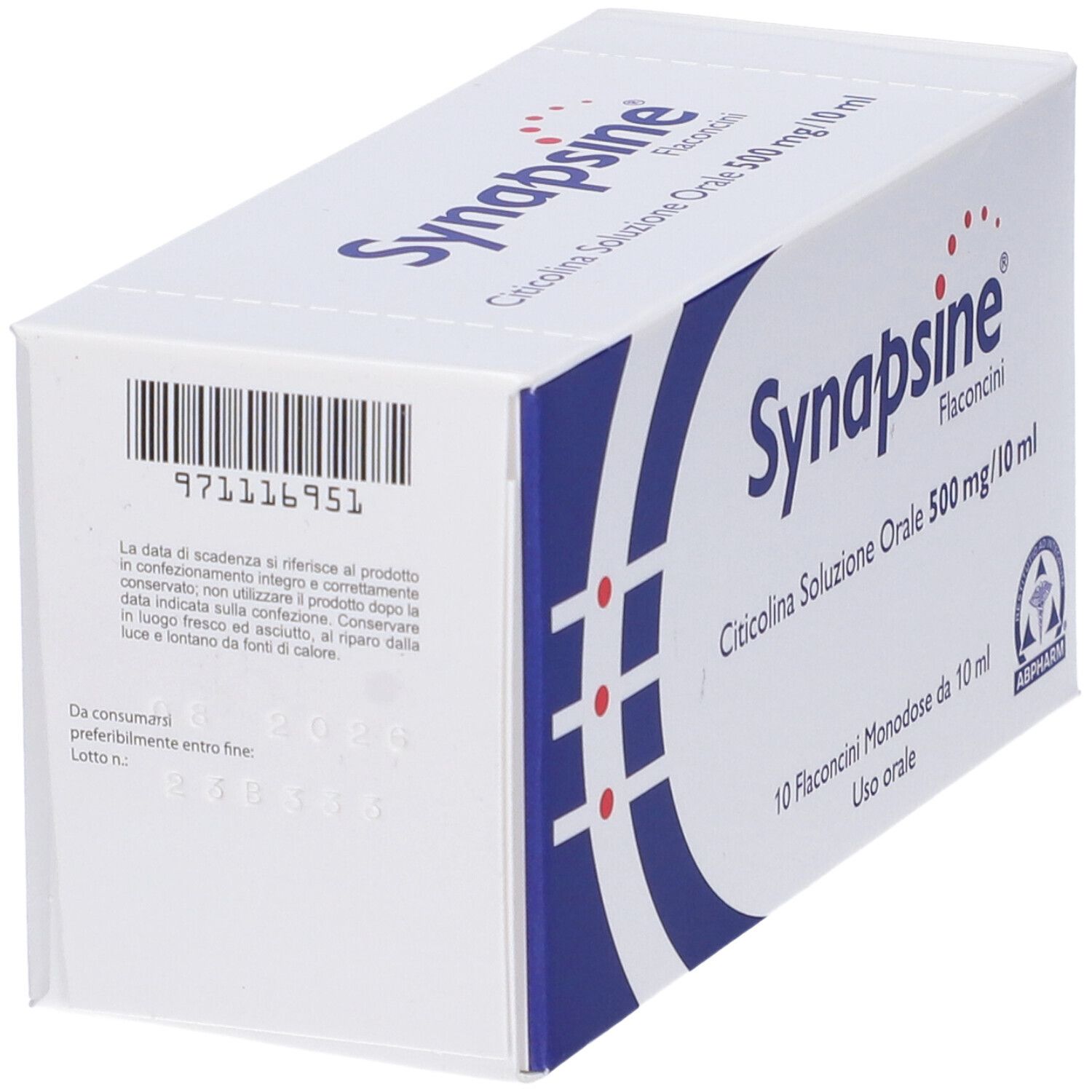 Boîte "Synapsine" avec informations produit. Contient des flacons Citicolina Soluzione Orale.