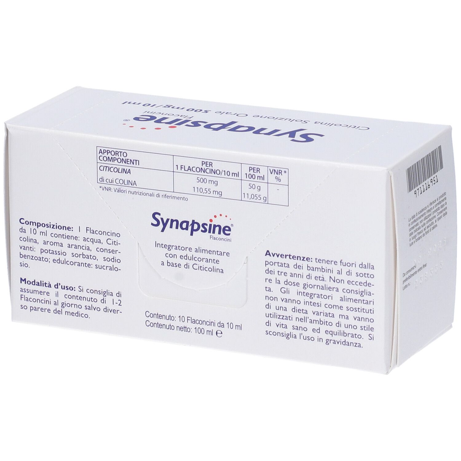 Boîte "Synapsine" avec informations. Contient des flacons Citicolina Soluzione Orale.