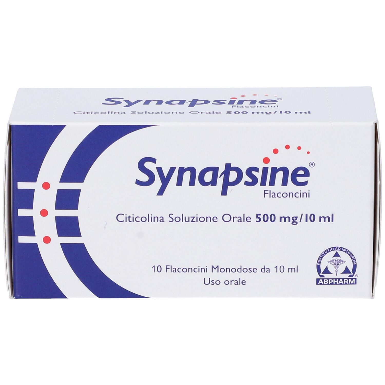 Boîte "Synapsine" avec logo. Contient des flacons Citicolina Soluzione Orale. 10 flacons.