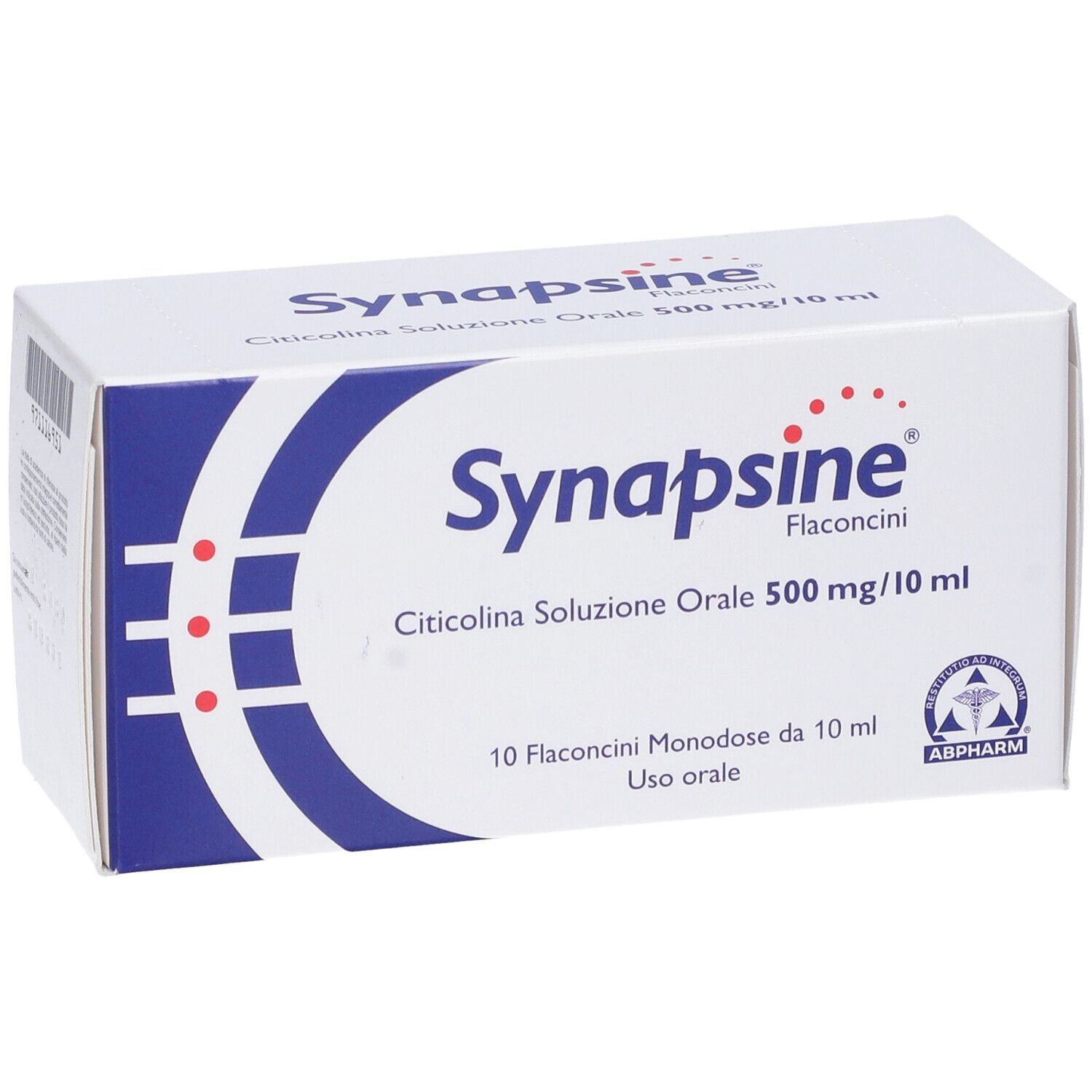 Boîte "Synapsine" avec logo. Contient des flacons Citicolina Soluzione Orale. 10 flacons.