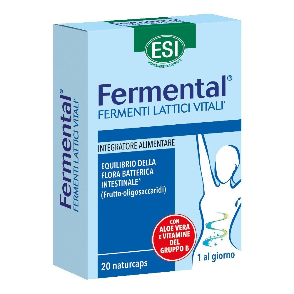 Scatola blu e bianca con logo "Fermental". Contiene 20 naturcaps. Logo ESI e testo sulla salute intestinale.