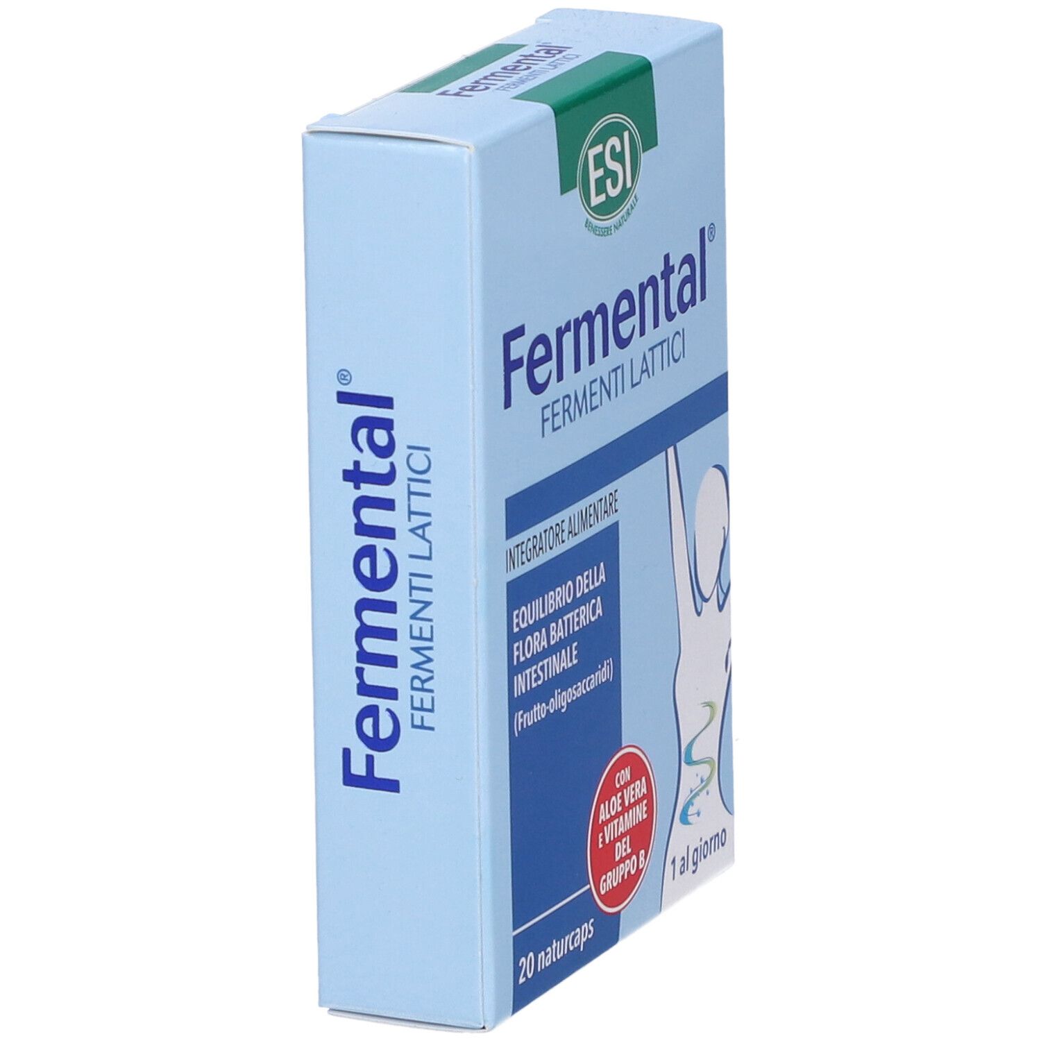 Scatola azzurra con logo "Fermental". Contiene 20 naturcaps. Logo ESI e testo sulla salute intestinale.