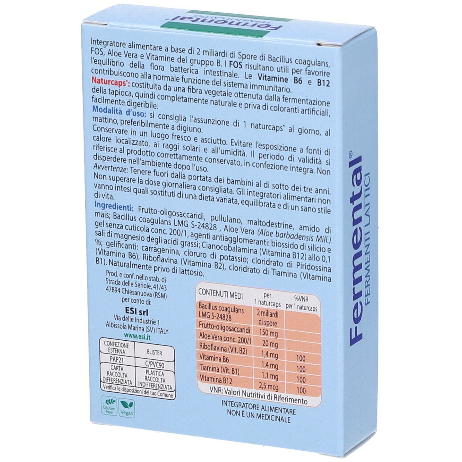 Scatola blu con logo "Fermental". Retro con informazioni e tabella nutrizionale. Logo ESI.