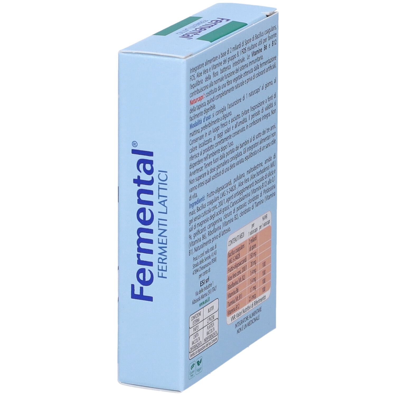 Scatola blu con logo "Fermental". Retro con informazioni e tabella nutrizionale. Logo ESI.