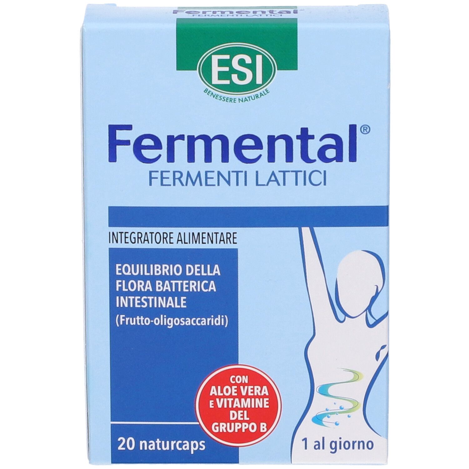 Scatola azzurra con logo "Fermental". Contiene 20 naturcaps. Logo ESI e testo sulla salute intestinale.