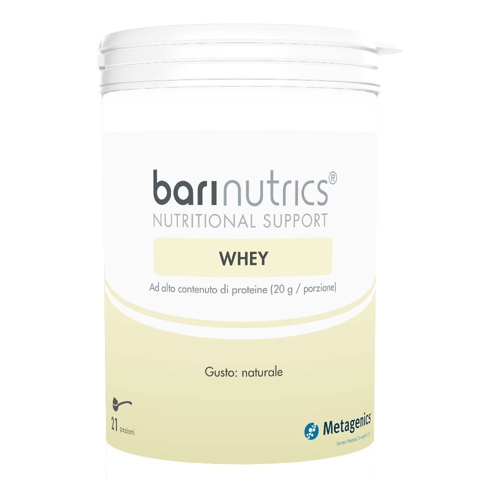 Contenitore bianco BariNutrics Whey. Contiene 21 porzioni. Marchio Metagenics.