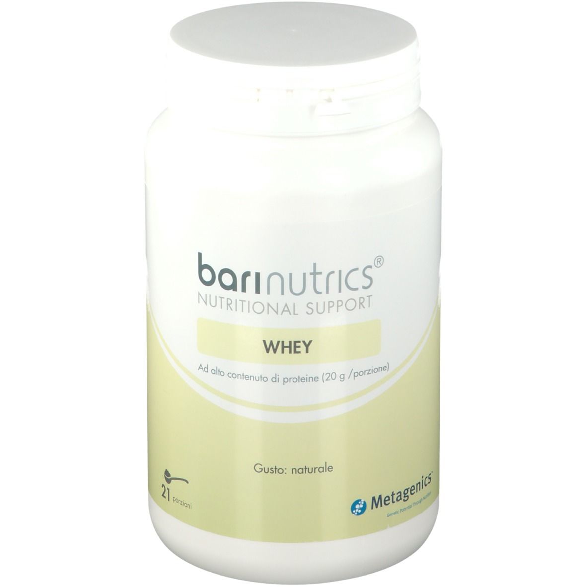 Contenitore bianco BariNutrics Whey. Contiene 21 porzioni. Marchio Metagenics.