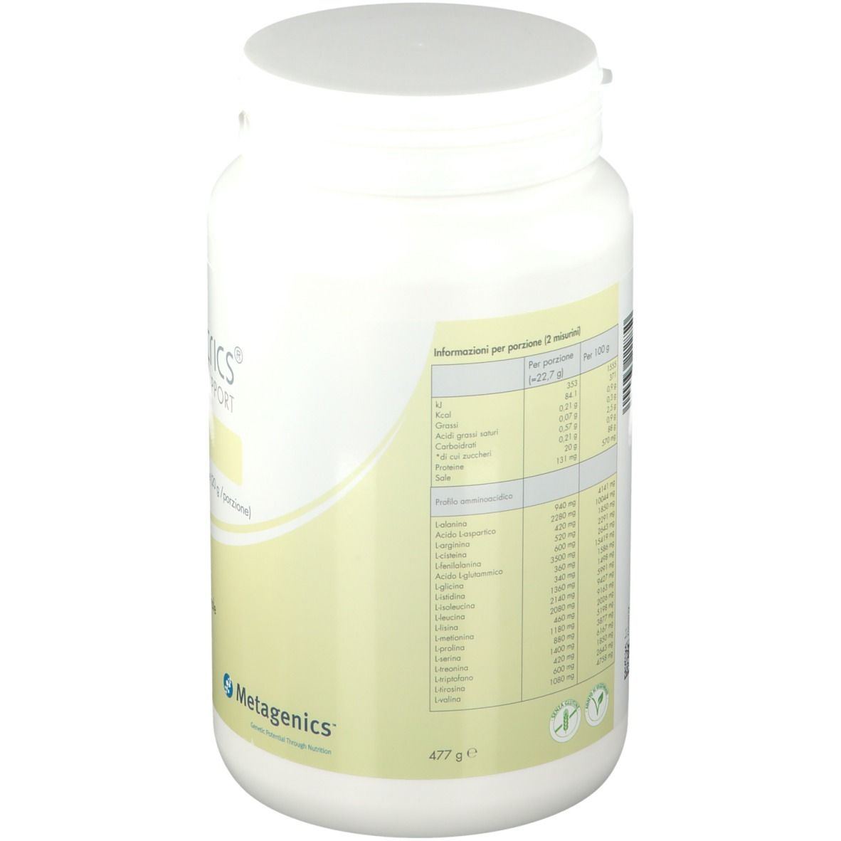 Contenitore bianco con informazioni nutrizionali. Marchio Metagenics. Contiene 477g.