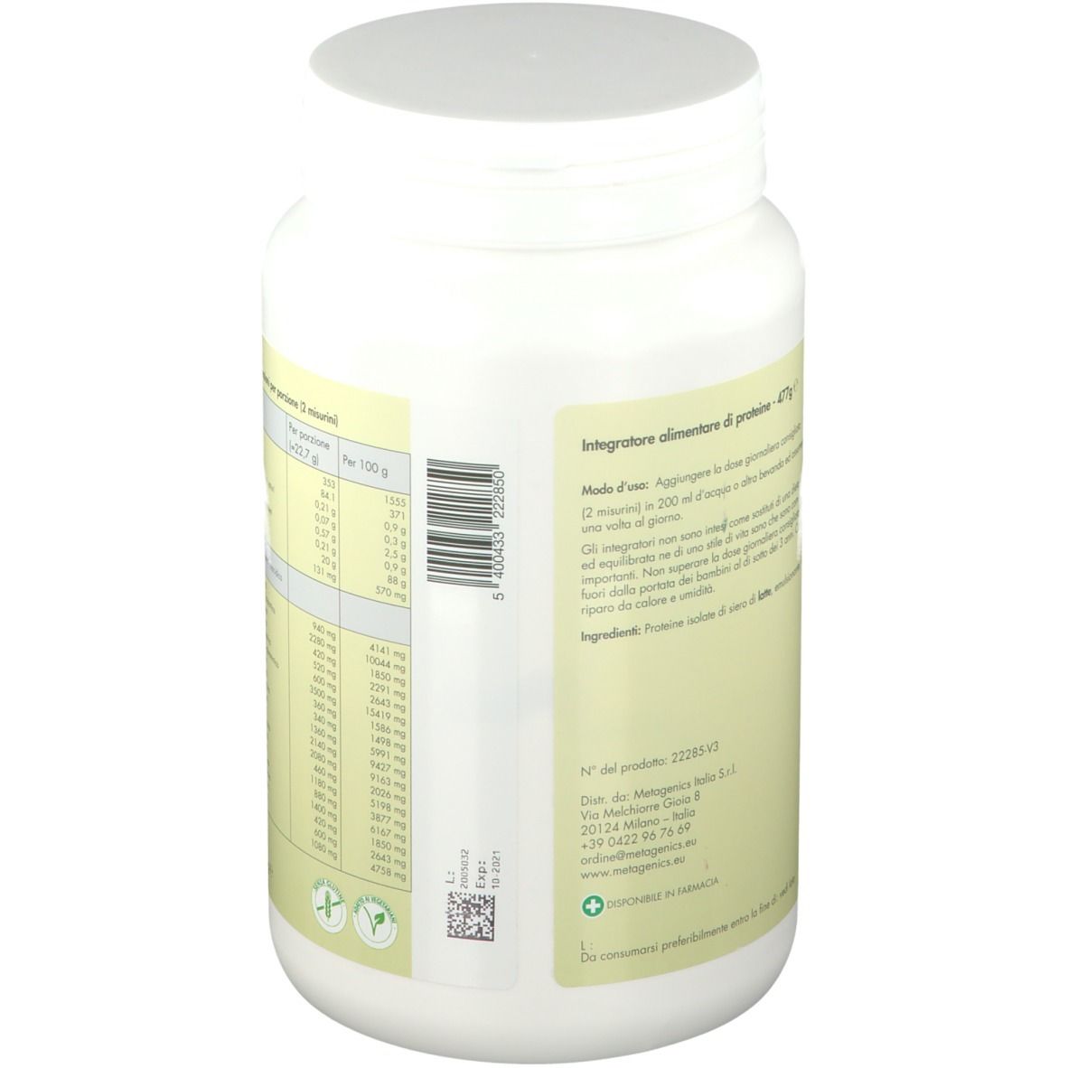 Contenitore bianco con informazioni nutrizionali. Marchio Metagenics. Contiene 477g.