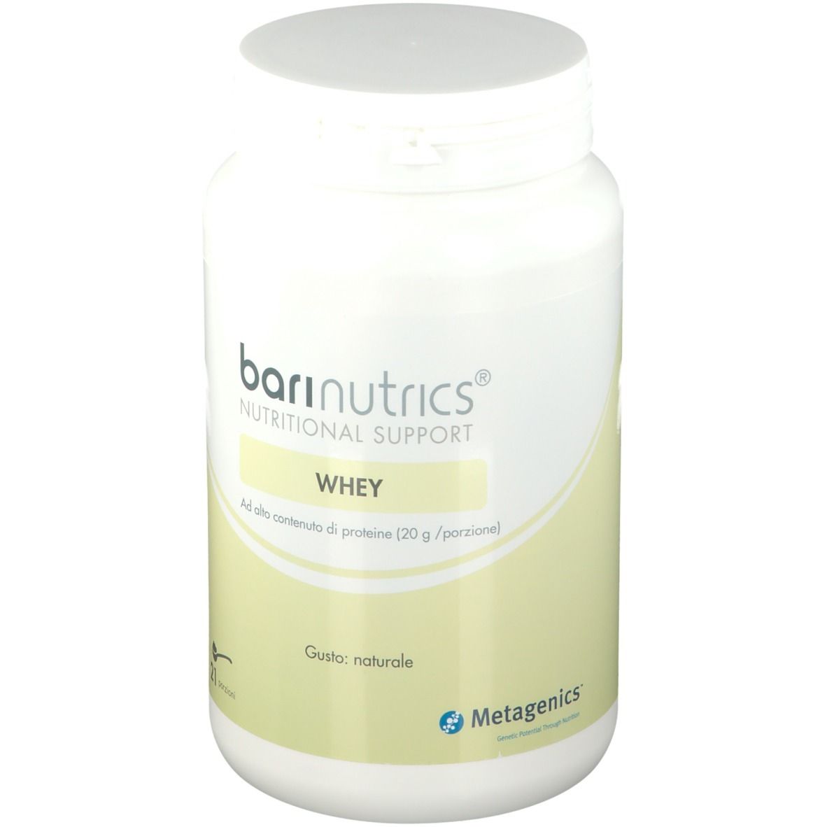 Contenitore bianco BariNutrics Whey. Marchio Metagenics.