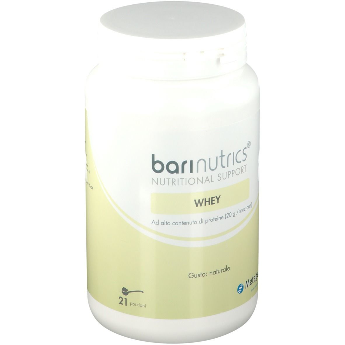 Contenitore bianco BariNutrics Whey. Marchio Metagenics.