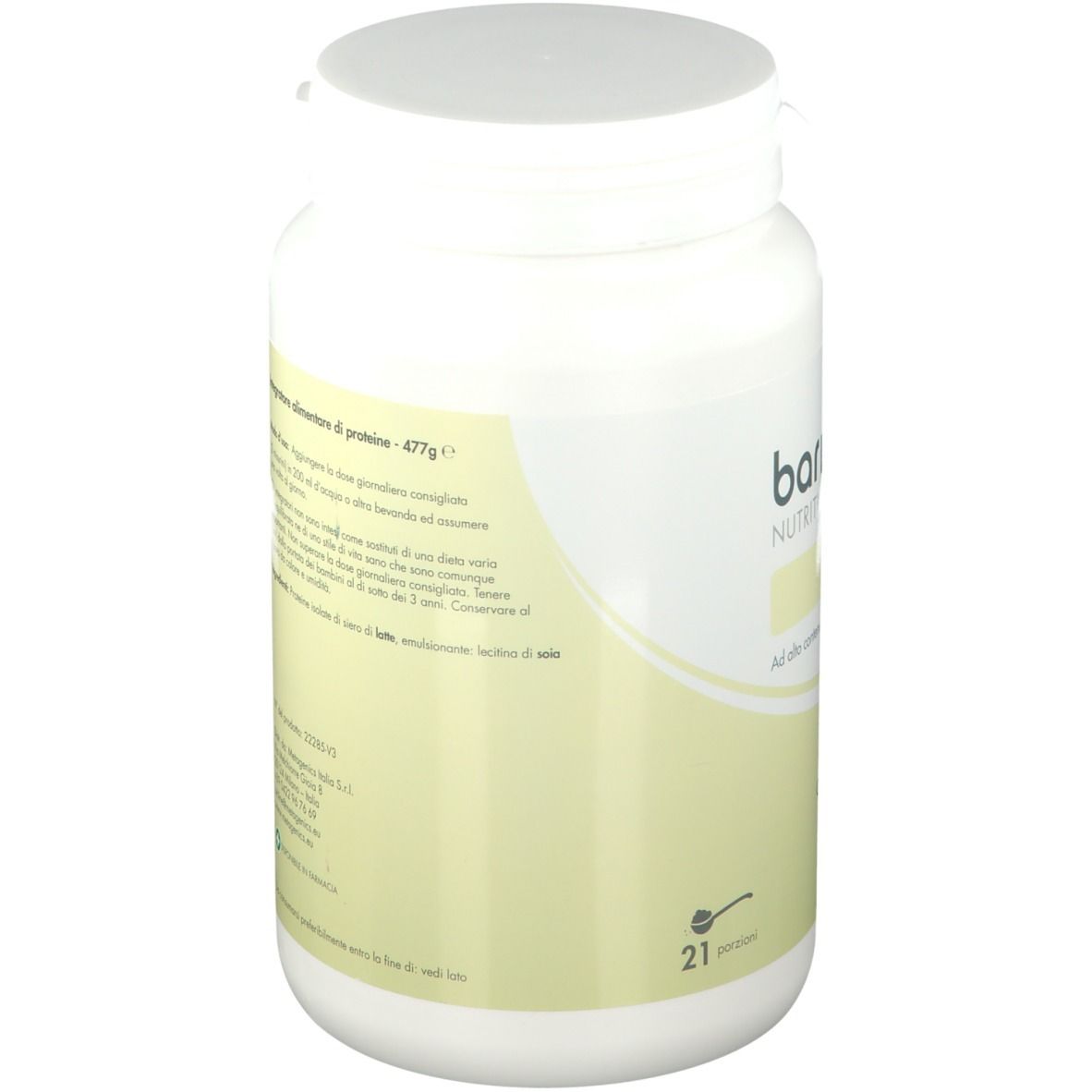 Contenitore bianco BariNutrics Whey. Marchio Metagenics. Contiene 21 porzioni.