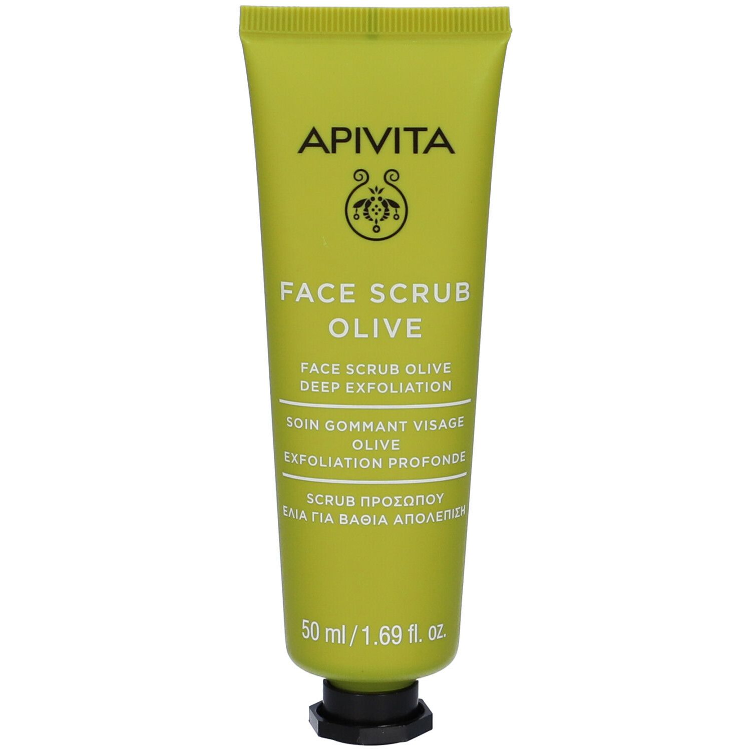 Tubo verde APIVITA Face Scrub Olive. Scritte in inglese e greco. 50 ml.