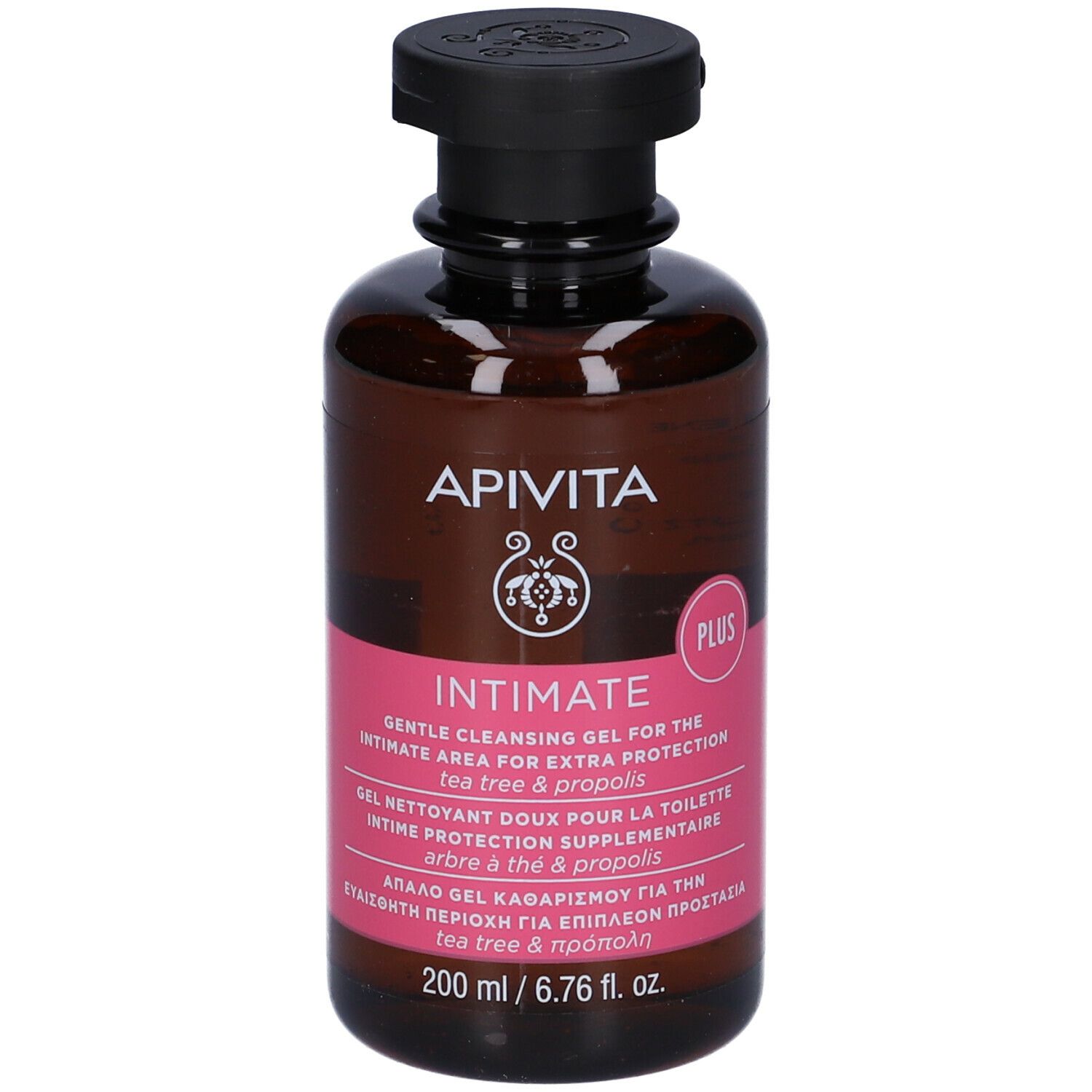 Flacone marrone con tappo nero. Etichetta rosa con testo: APIVITA Intimate, Plus. 200 ml.