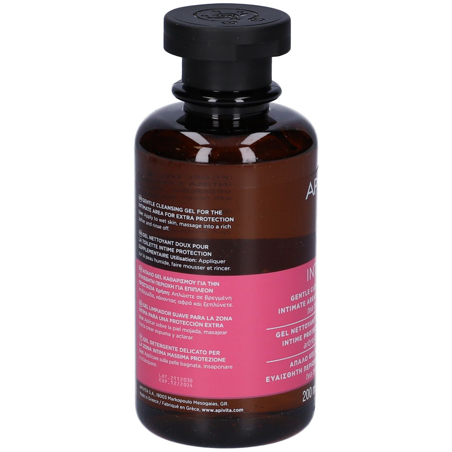 Flacone marrone con tappo nero. Etichetta rosa con testo. Vista posteriore. 200 ml.