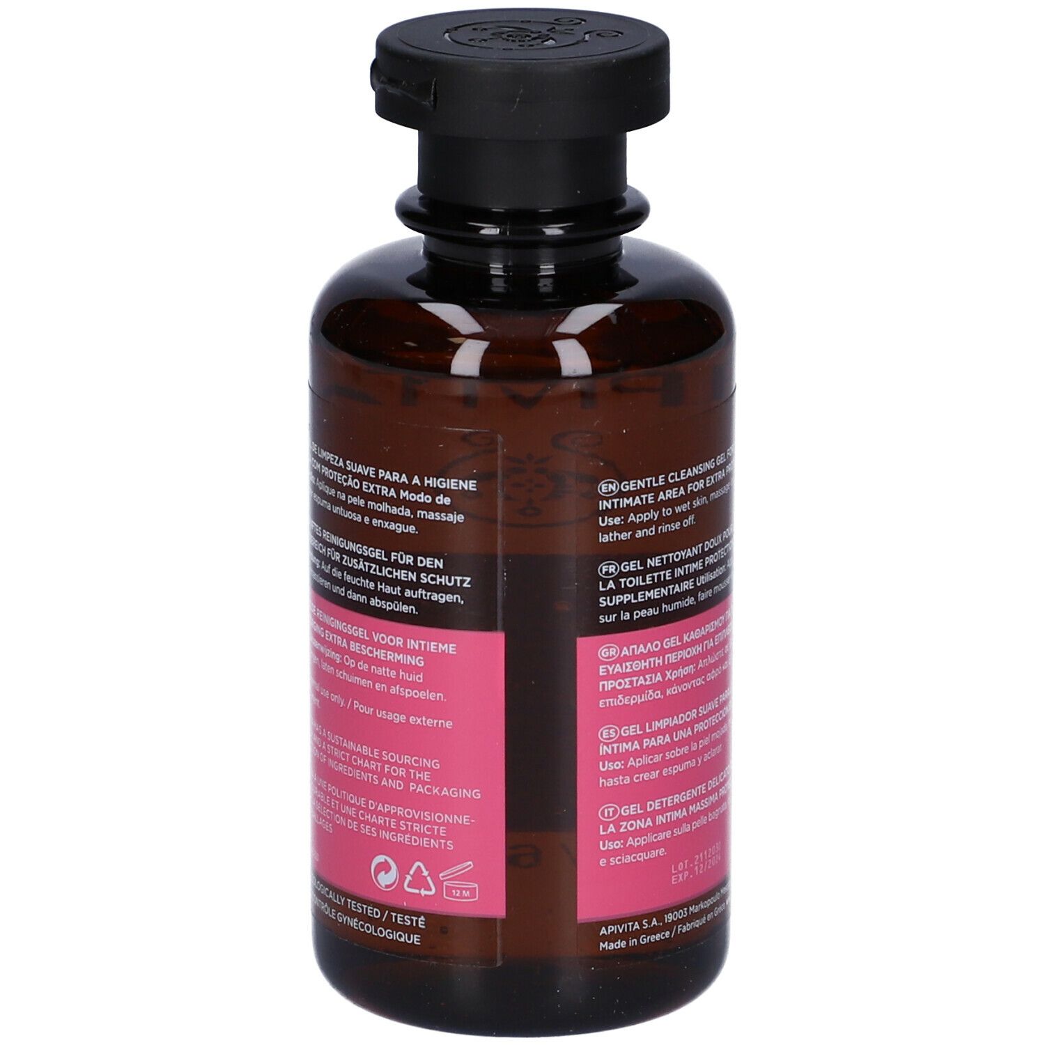 Flacone marrone con tappo nero. Etichetta rosa con testo. Vista posteriore. 200 ml.