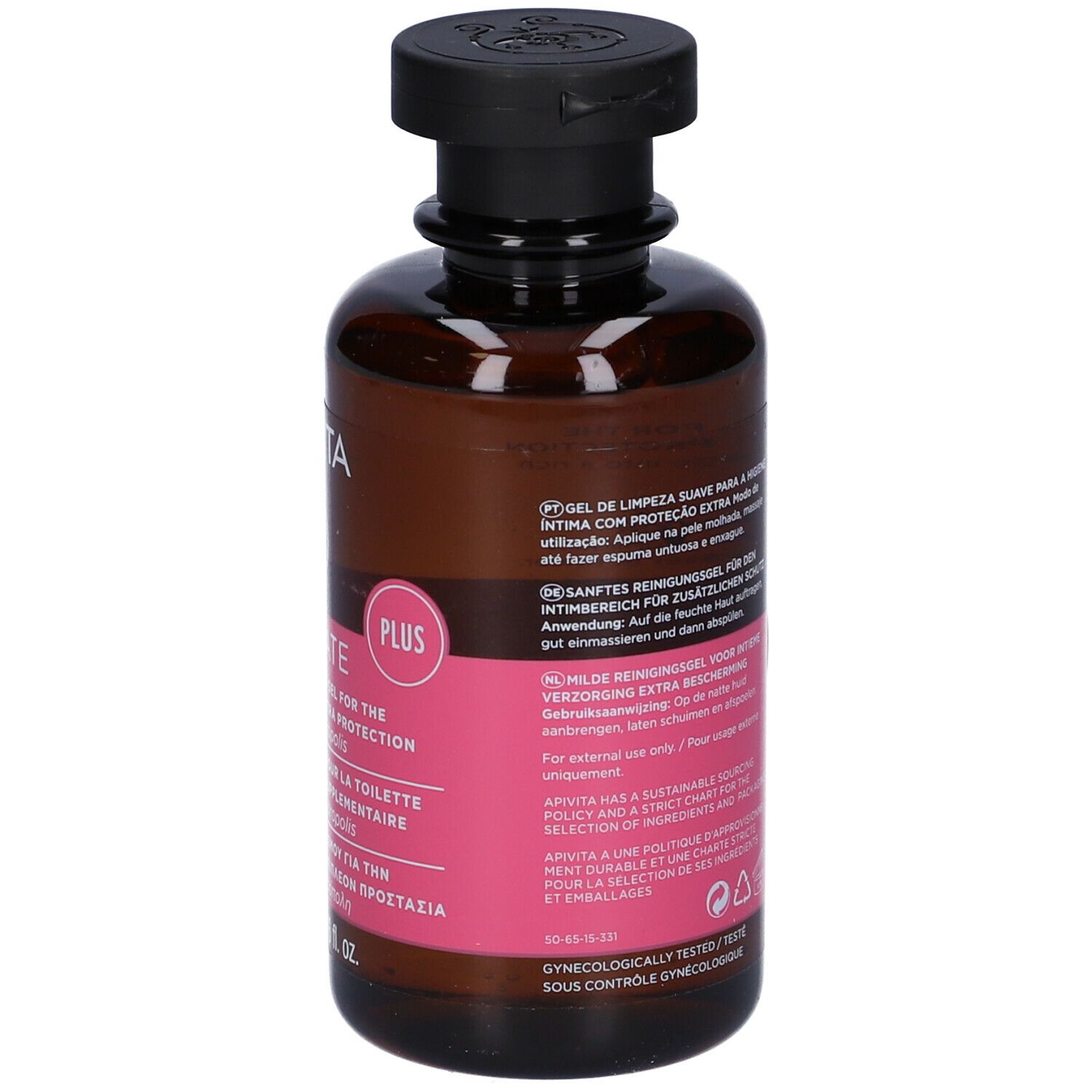 Flacone marrone con tappo nero. Etichetta rosa con testo. Vista posteriore. 200 ml.