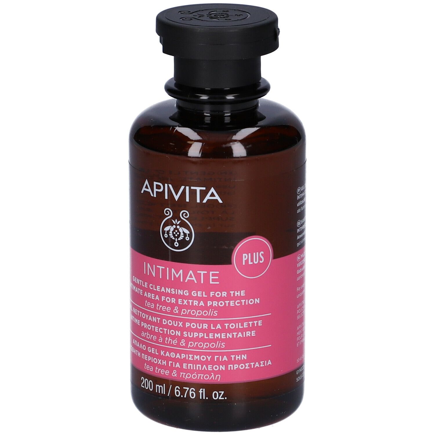 Flacone marrone con tappo nero. Etichetta rosa con testo: APIVITA Intimate, Plus. 200 ml.