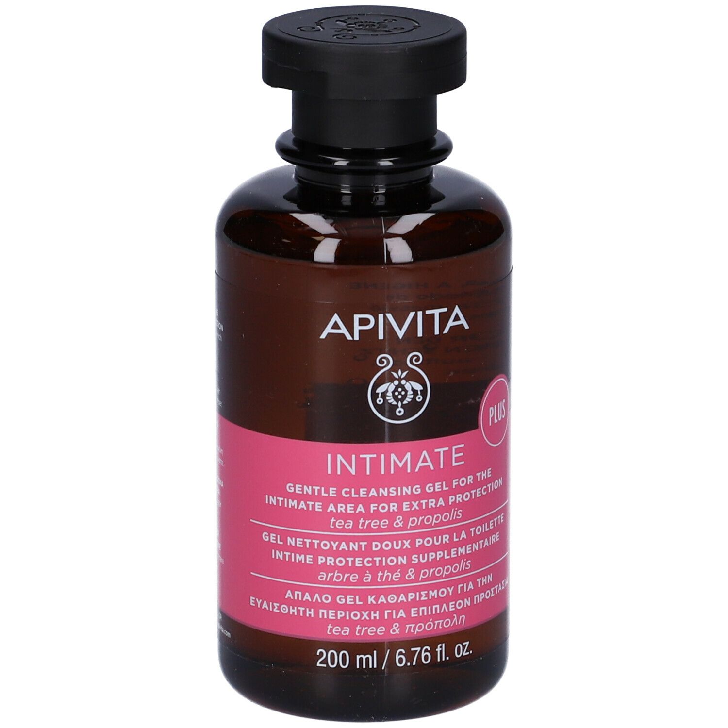 Flacone marrone con tappo nero. Etichetta rosa con testo: APIVITA Intimate, Plus. 200 ml.