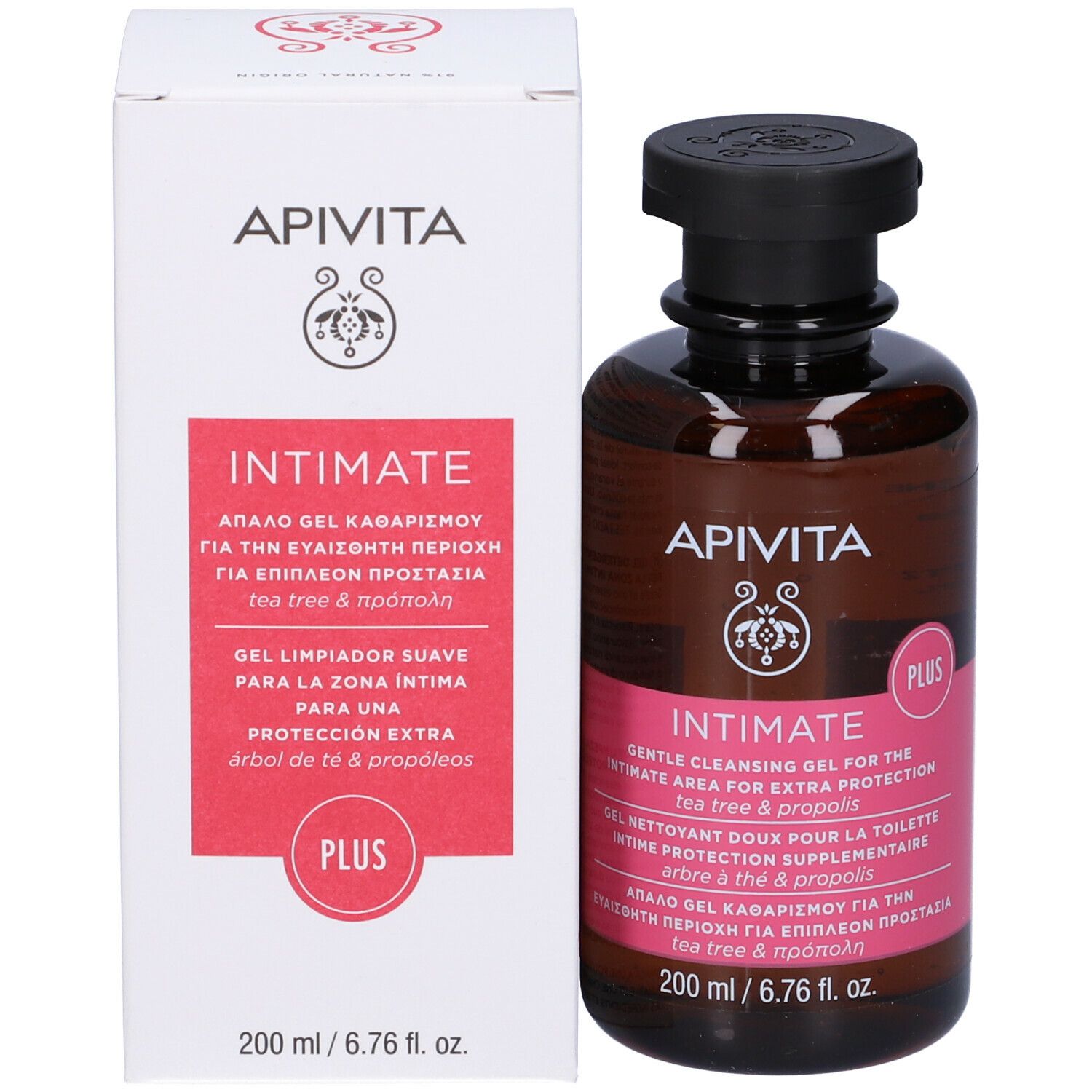 Prodotto e confezione. Flacone e scatola. Etichetta rosa con testo: APIVITA Intimate, Plus. 200 ml.