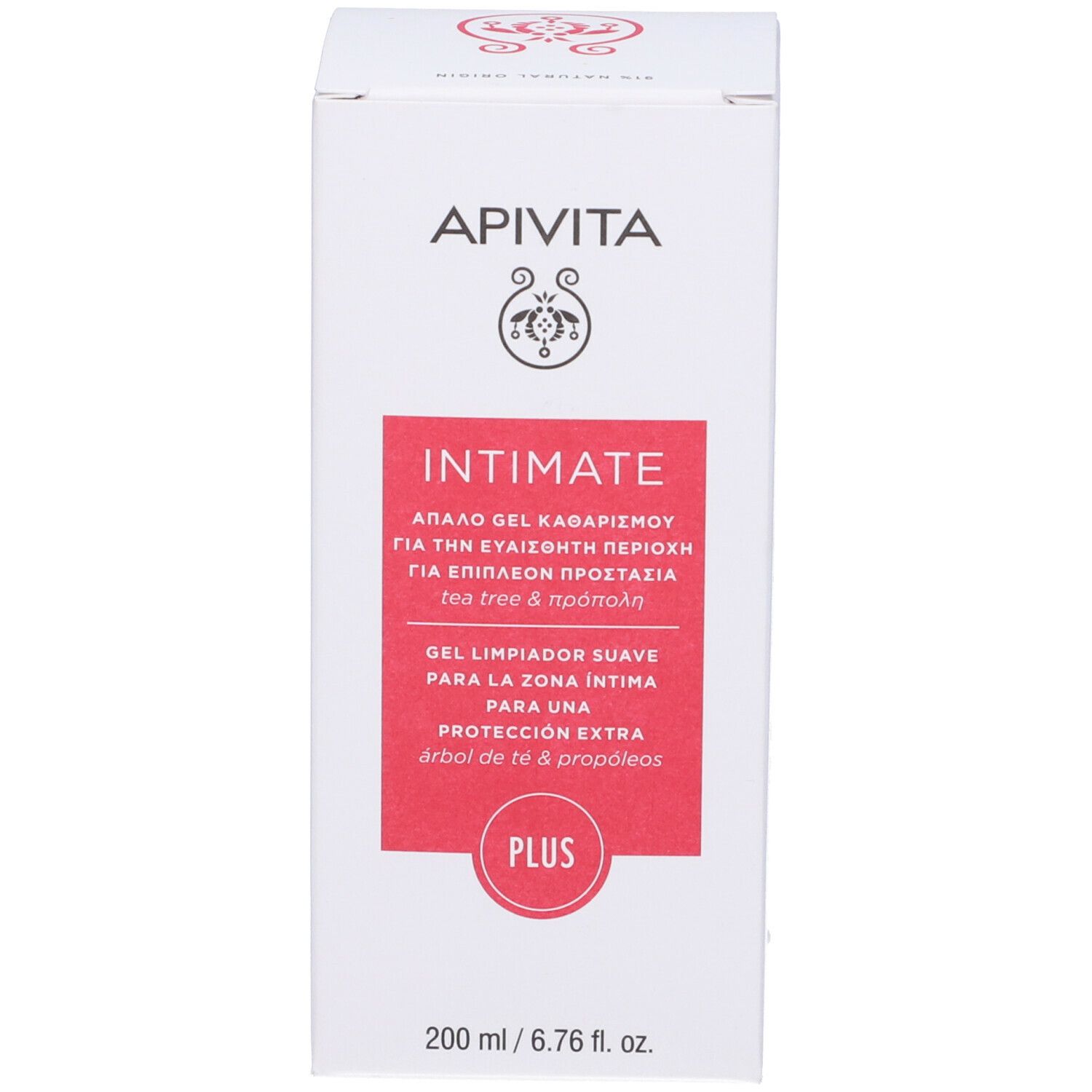 Confezione bianca con etichetta rosa. Testo: APIVITA Intimate, Plus. 200 ml.