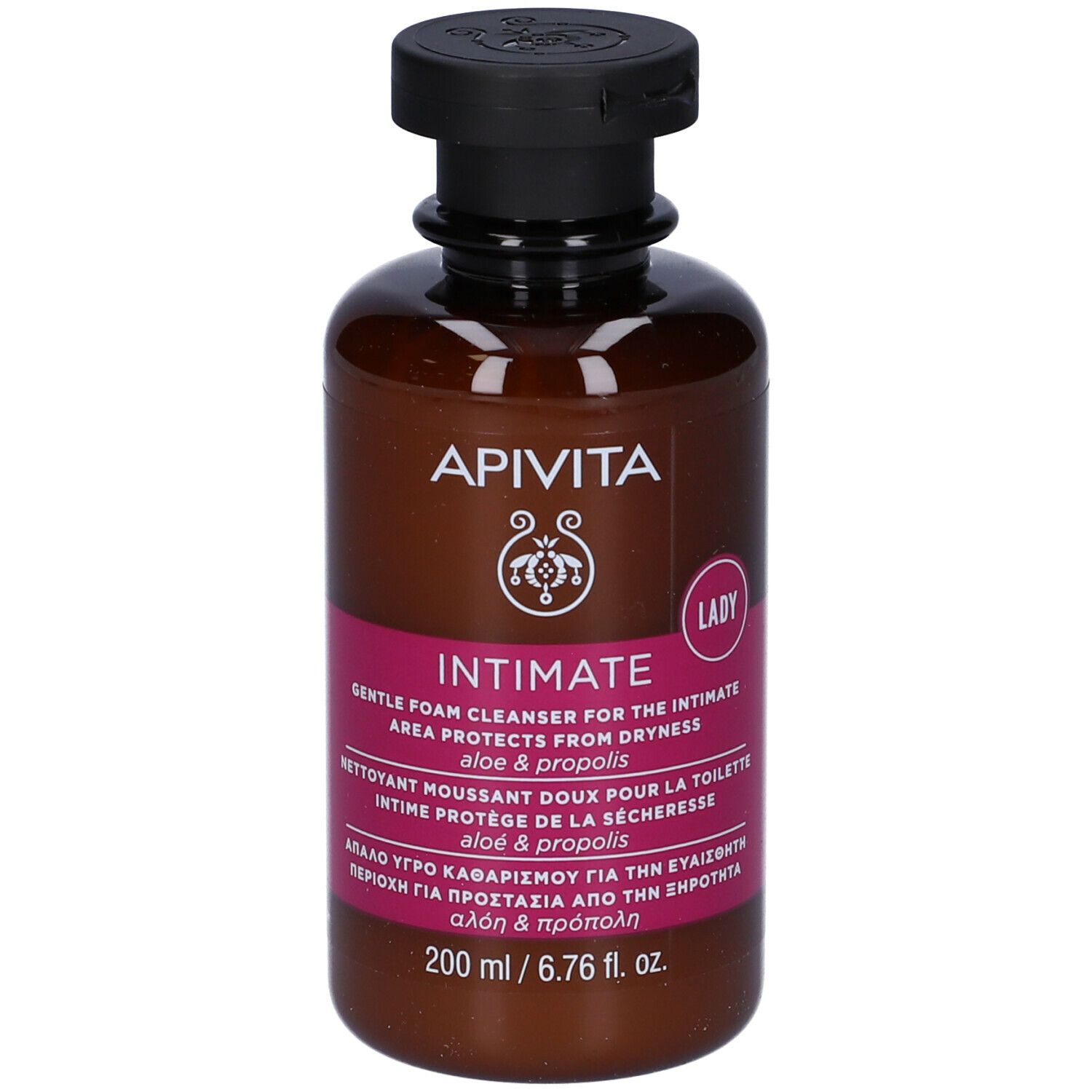 Flacone marrone con tappo nero. Scritta: APIVITA Intimate, detergente delicato. Etichetta rosa con informazioni sul prodotto.
