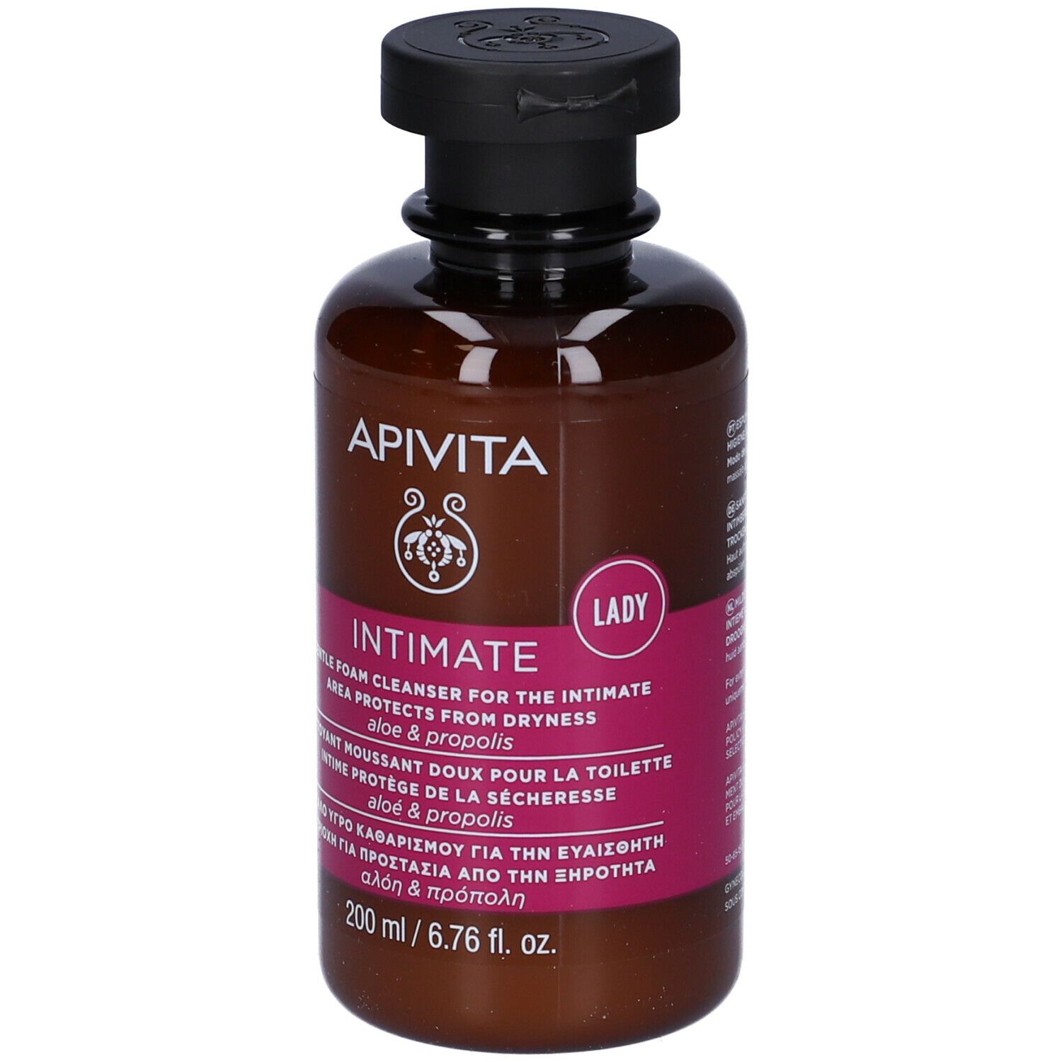Flacone marrone con tappo nero. Scritta: APIVITA Intimate, detergente delicato. Etichetta rosa con informazioni sul prodotto.