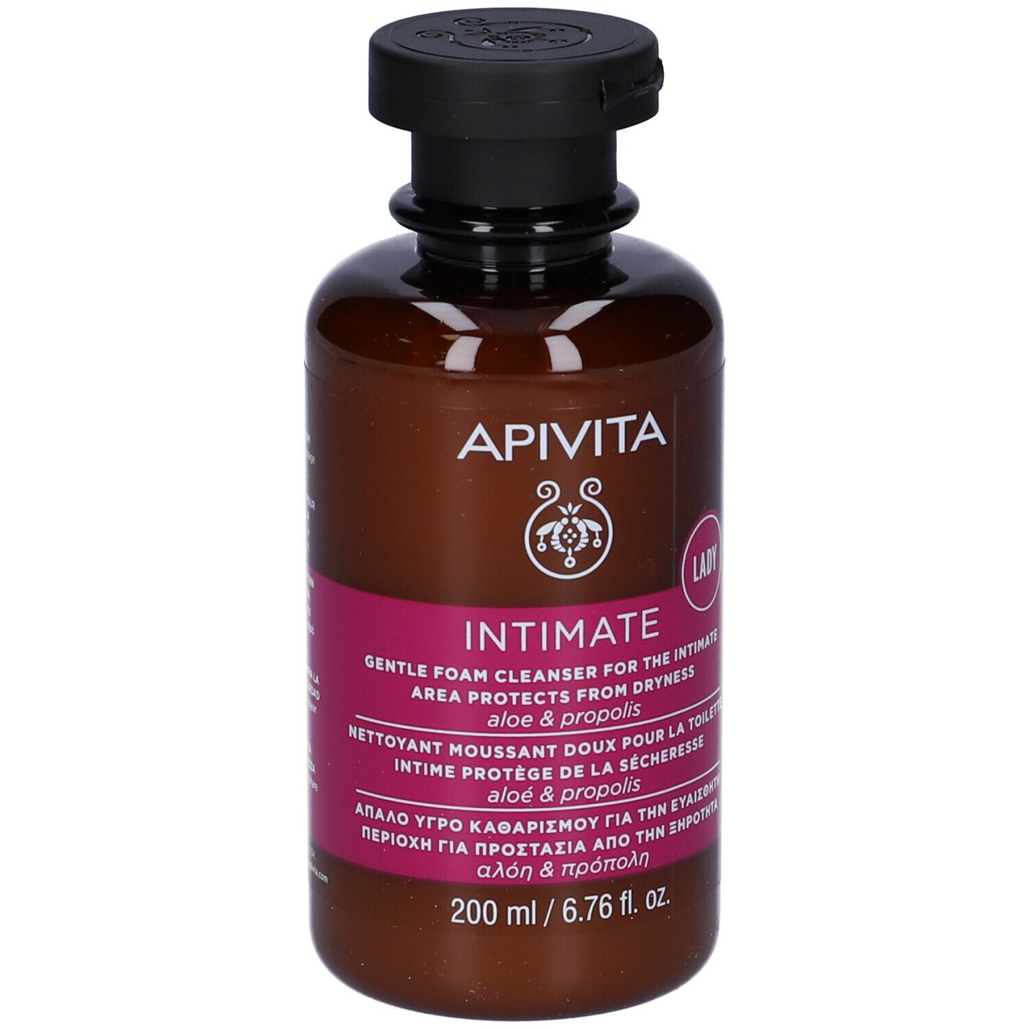 Flacone marrone con tappo nero. Scritta: APIVITA Intimate, detergente delicato. Etichetta rosa con informazioni sul prodotto.