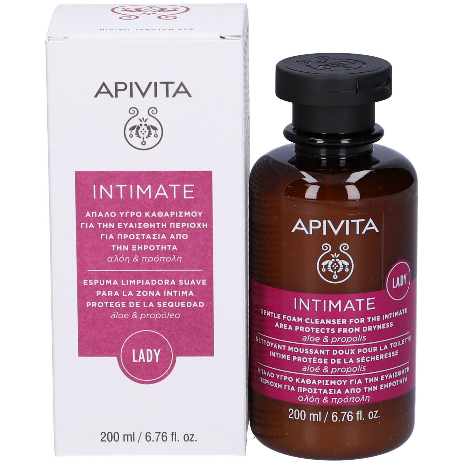 Prodotto e confezione. Flacone marrone con tappo nero e confezione bianca. Scritta: APIVITA Intimate.