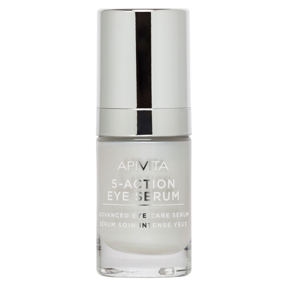 Flacone di siero con tappo argentato. Scritta: APIVITA 5-Action Eye Serum.