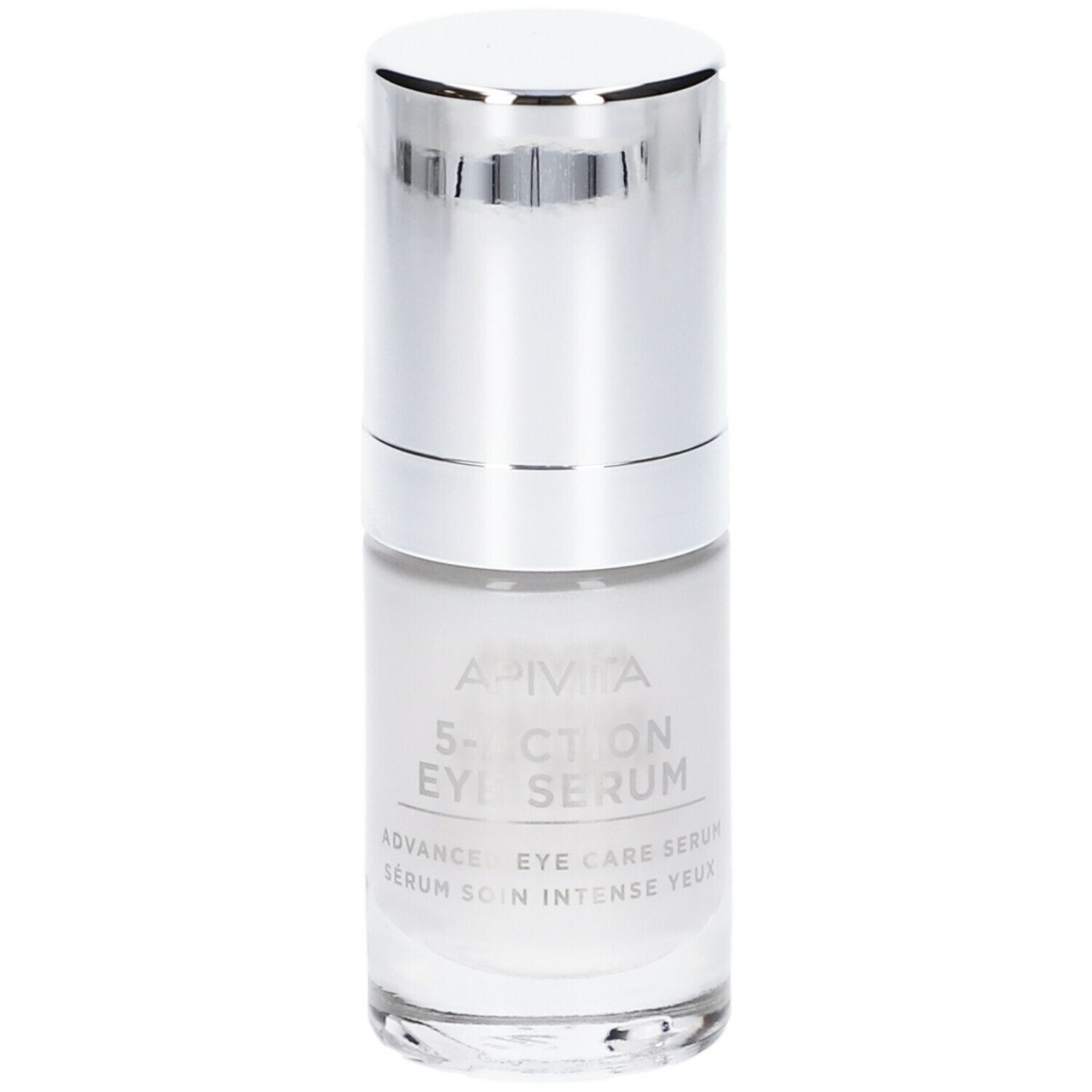 Flacone di siero con tappo argentato. Scritta: APIVITA 5-Action Eye Serum.