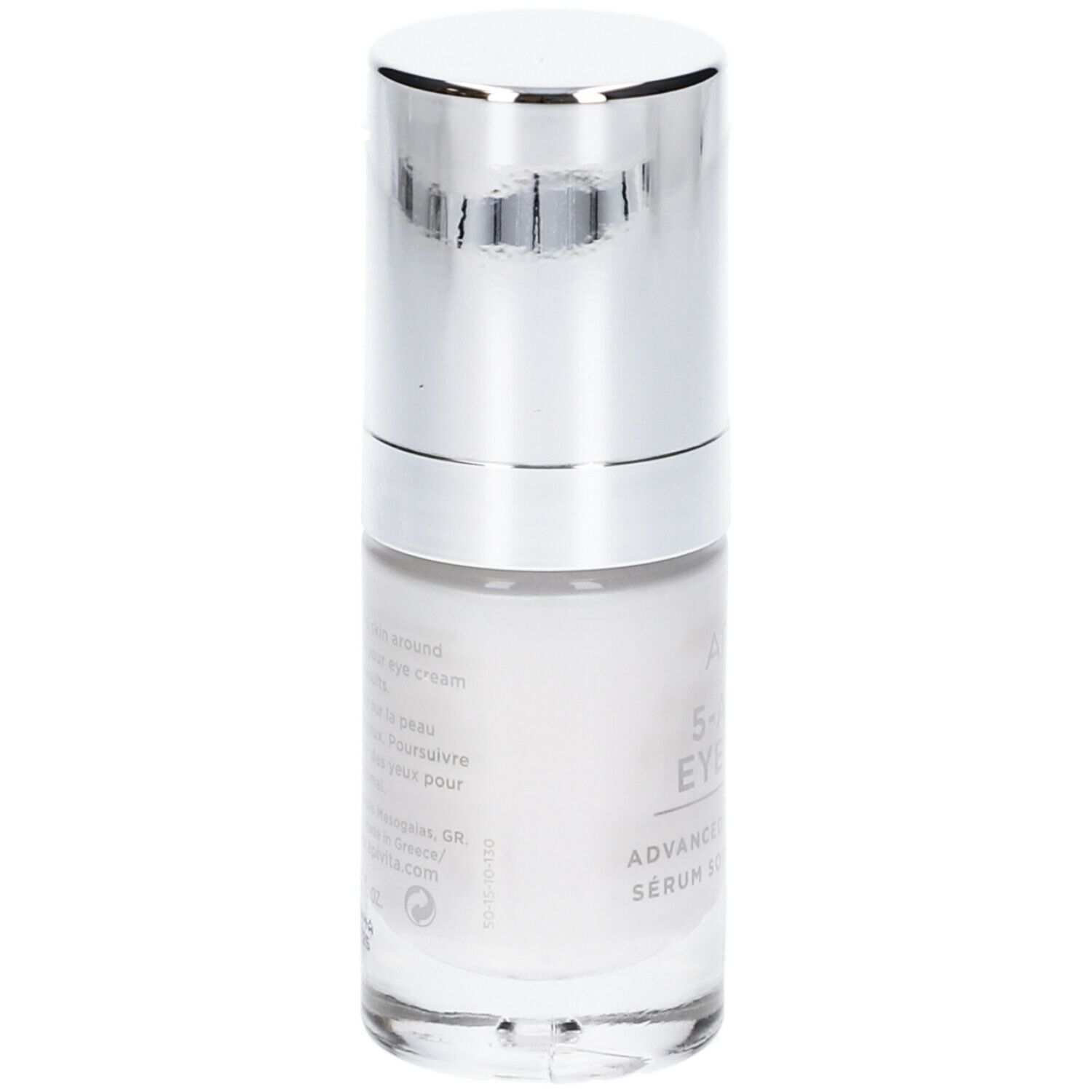 Flacone di siero con tappo argentato. Scritta: APIVITA 5-Action Eye Serum.