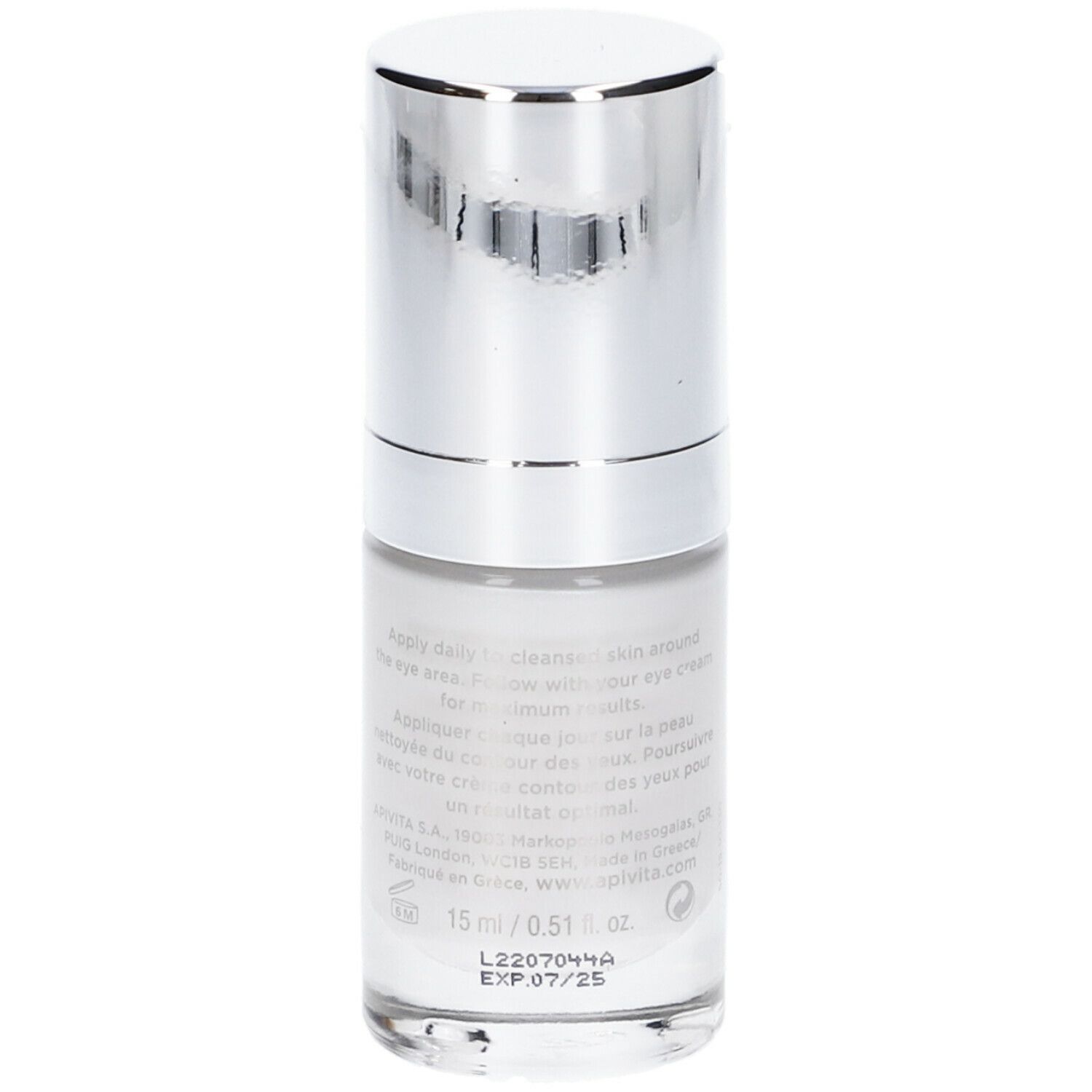 Flacone di siero con tappo argentato. Scritta: APIVITA 5-Action Eye Serum.