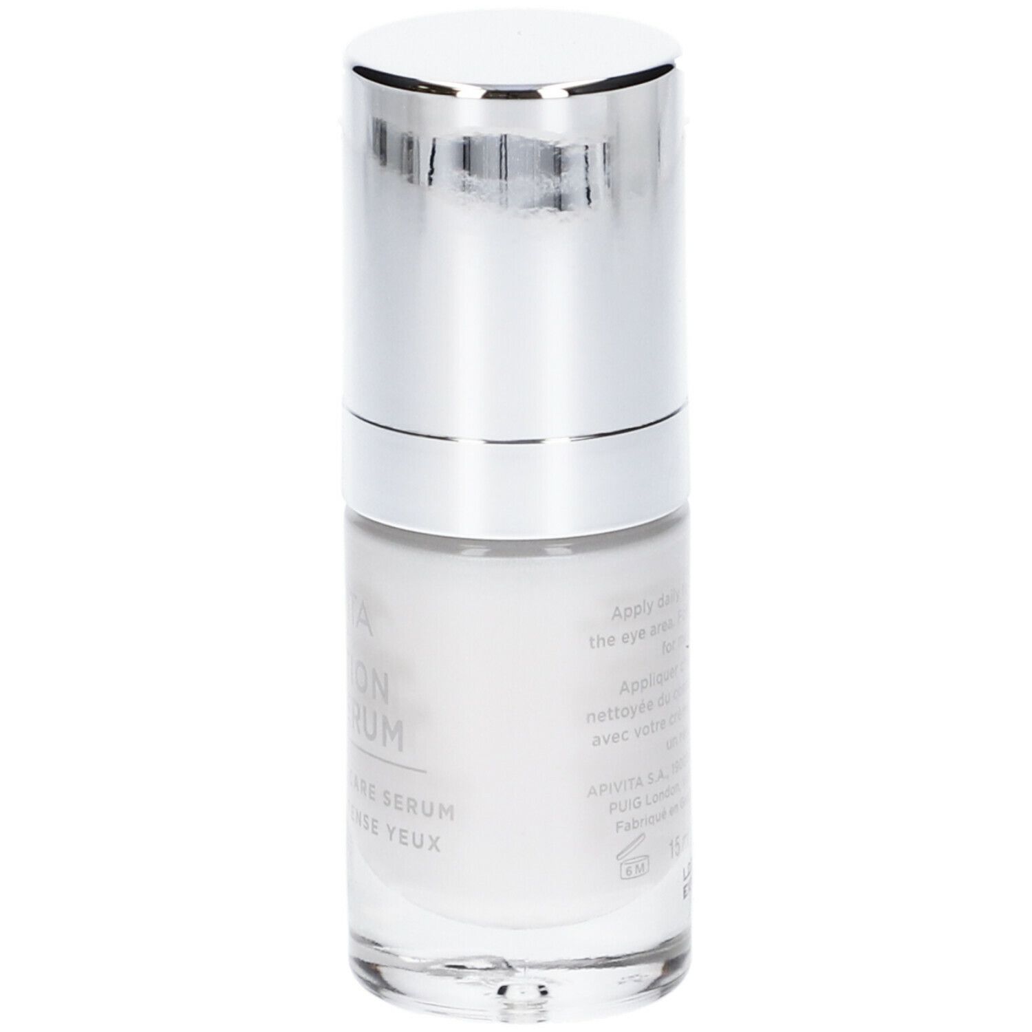 Flacone di siero con tappo argentato. Scritta: APIVITA 5-Action Eye Serum.