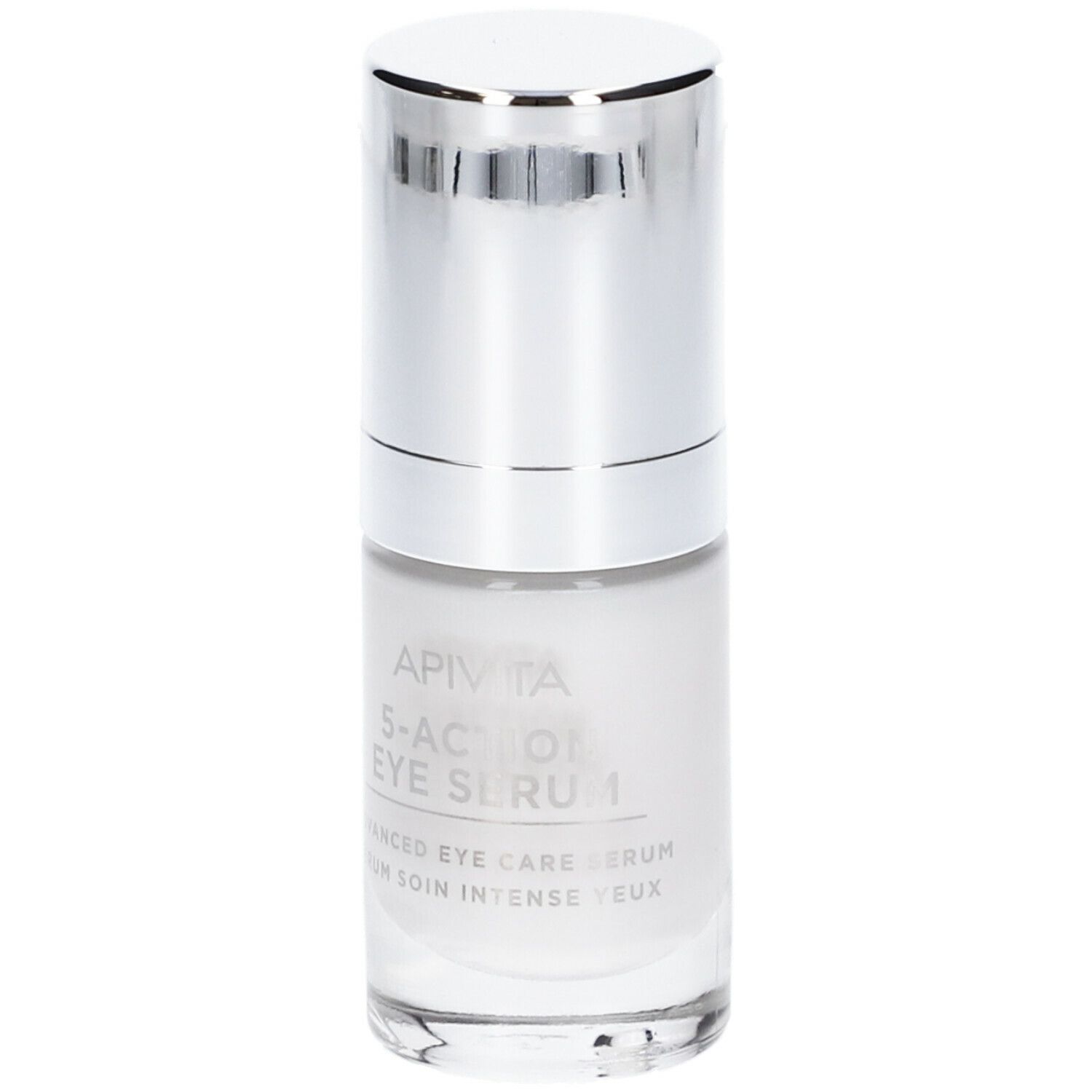 Flacone di siero con tappo argentato. Scritta: APIVITA 5-Action Eye Serum.