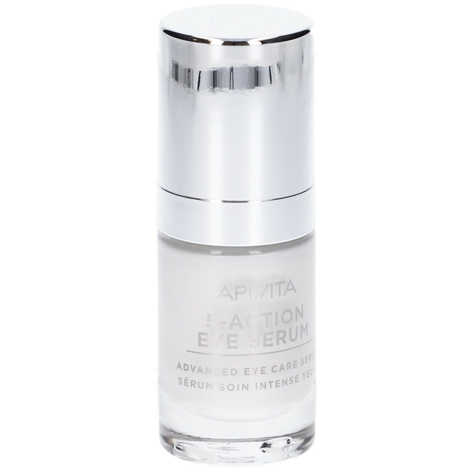 Flacone di siero con tappo argentato. Scritta: APIVITA 5-Action Eye Serum.
