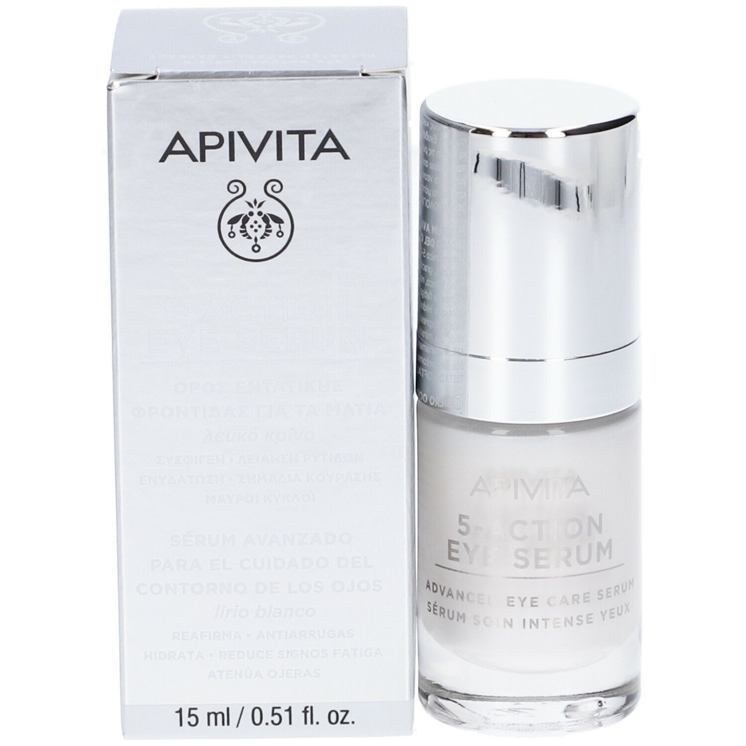 Flacone di siero e confezione. Scritta: APIVITA 5-Action Eye Serum. 15 ml.
