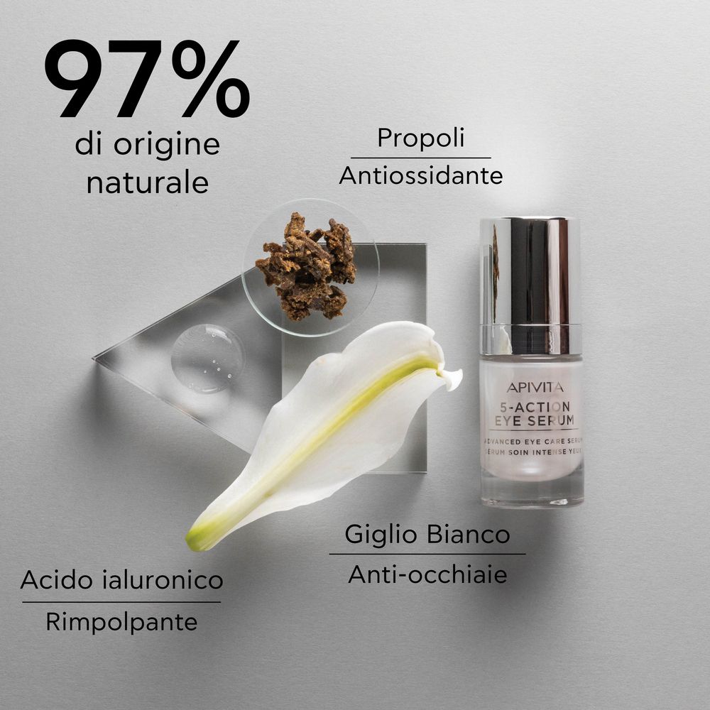 Flacone di siero, ingredienti: acido ialuronico, giglio bianco, propoli. 97% di origine naturale.