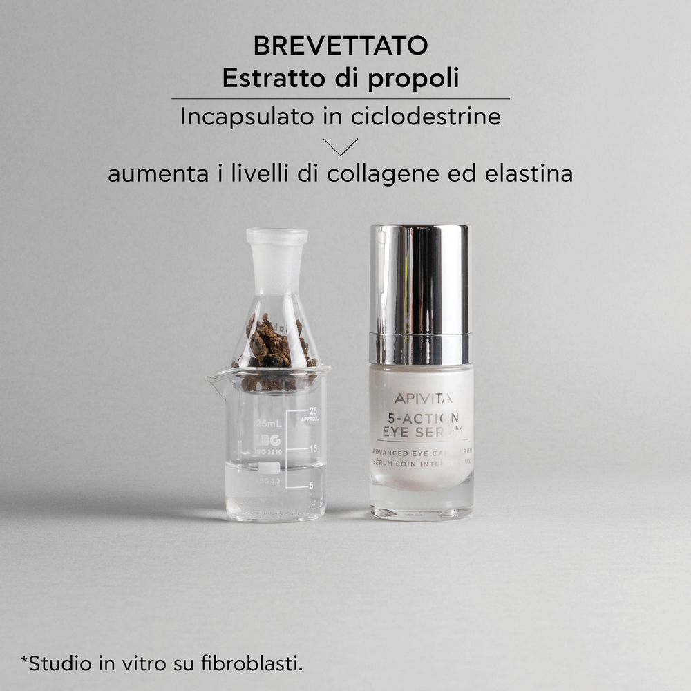 Flacone di siero e attrezzature di laboratorio. Testo: APIVITA 5-Action Eye Serum. Estratto di propoli.