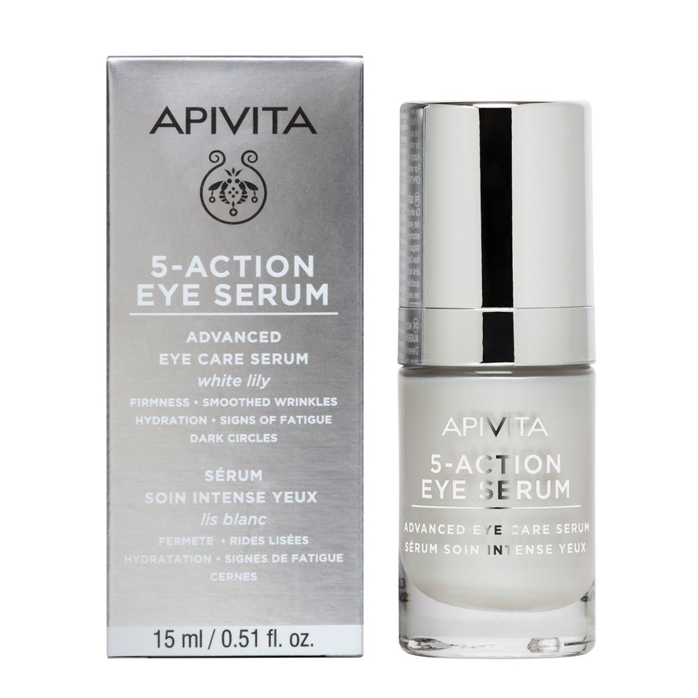 Flacone di siero con tappo argentato. Scritta: APIVITA 5-Action Eye Serum. 15 ml.