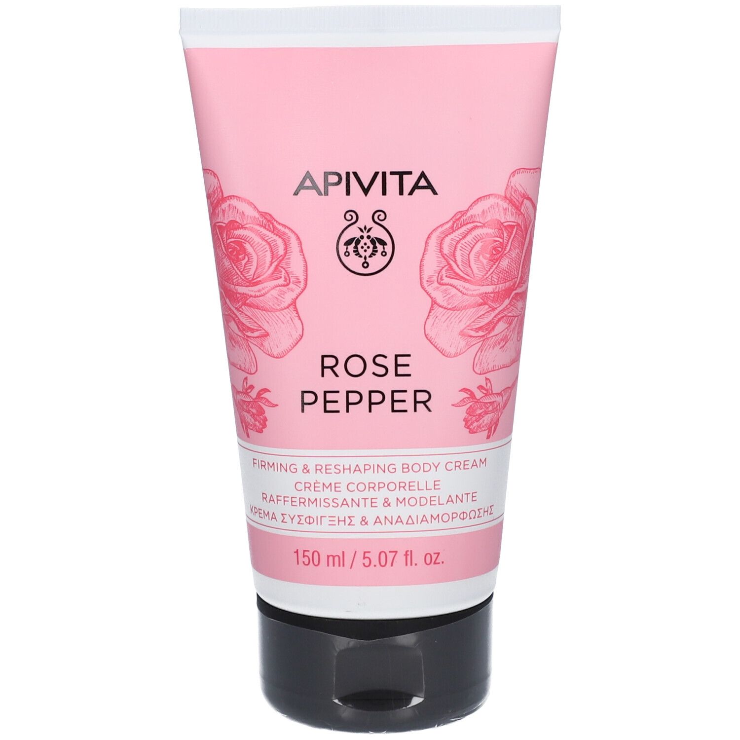 Tubo rosa con logo APVITA e scritta Rose Pepper. 150 ml. Stampe.