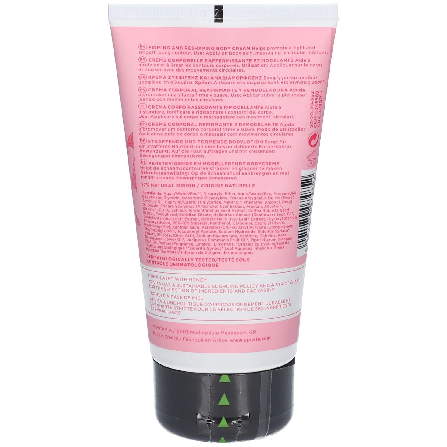 Retro del tubo con testo multilingue. Chiusura nera.
