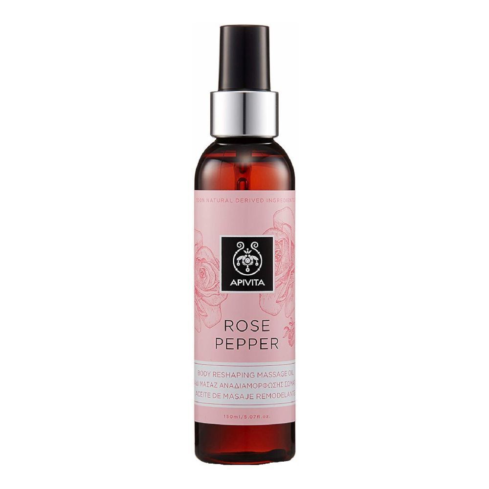 Flacone di vetro marrone con vaporizzatore nero. Etichetta rosa con logo, scritta "ROSE PEPPER" e nome del prodotto. 150ml.