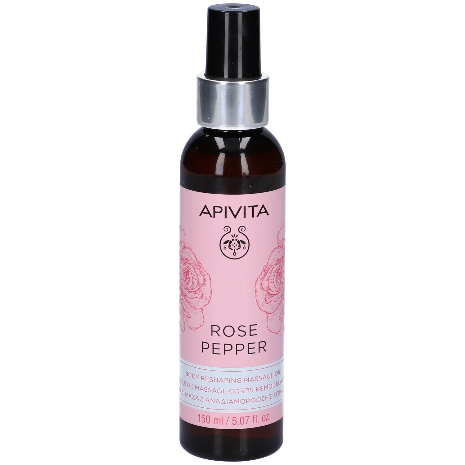 Flacone di vetro marrone con vaporizzatore nero. Etichetta rosa con logo, scritta "ROSE PEPPER" e nome del prodotto. 150ml.