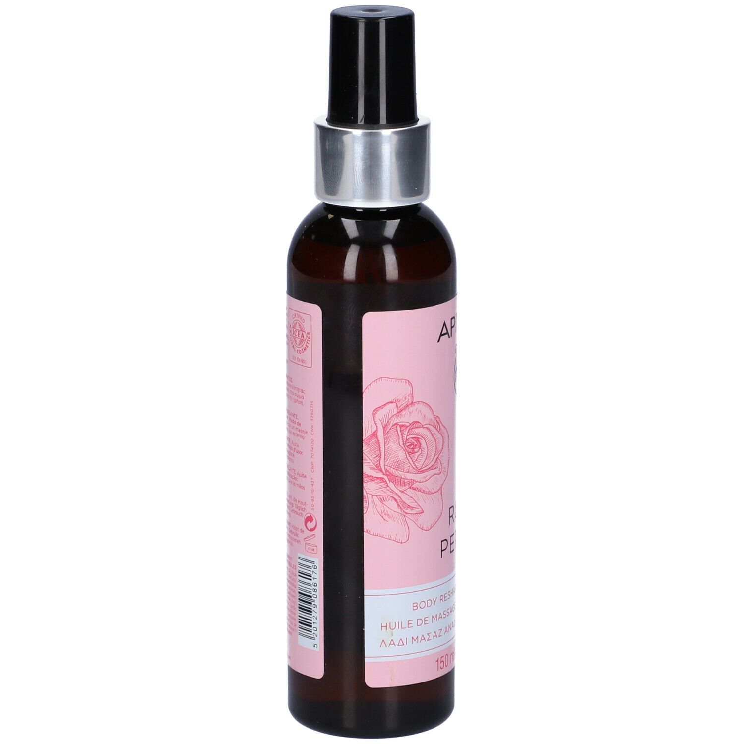Flacone di vetro marrone con vaporizzatore nero. Etichetta rosa con logo, scritta "ROSE PEPPER" e nome del prodotto. 150ml.